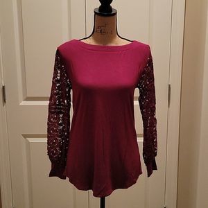NWT Laced Up Long Sleeve, Burgundy, The crochet lace sleeve detail on this top.